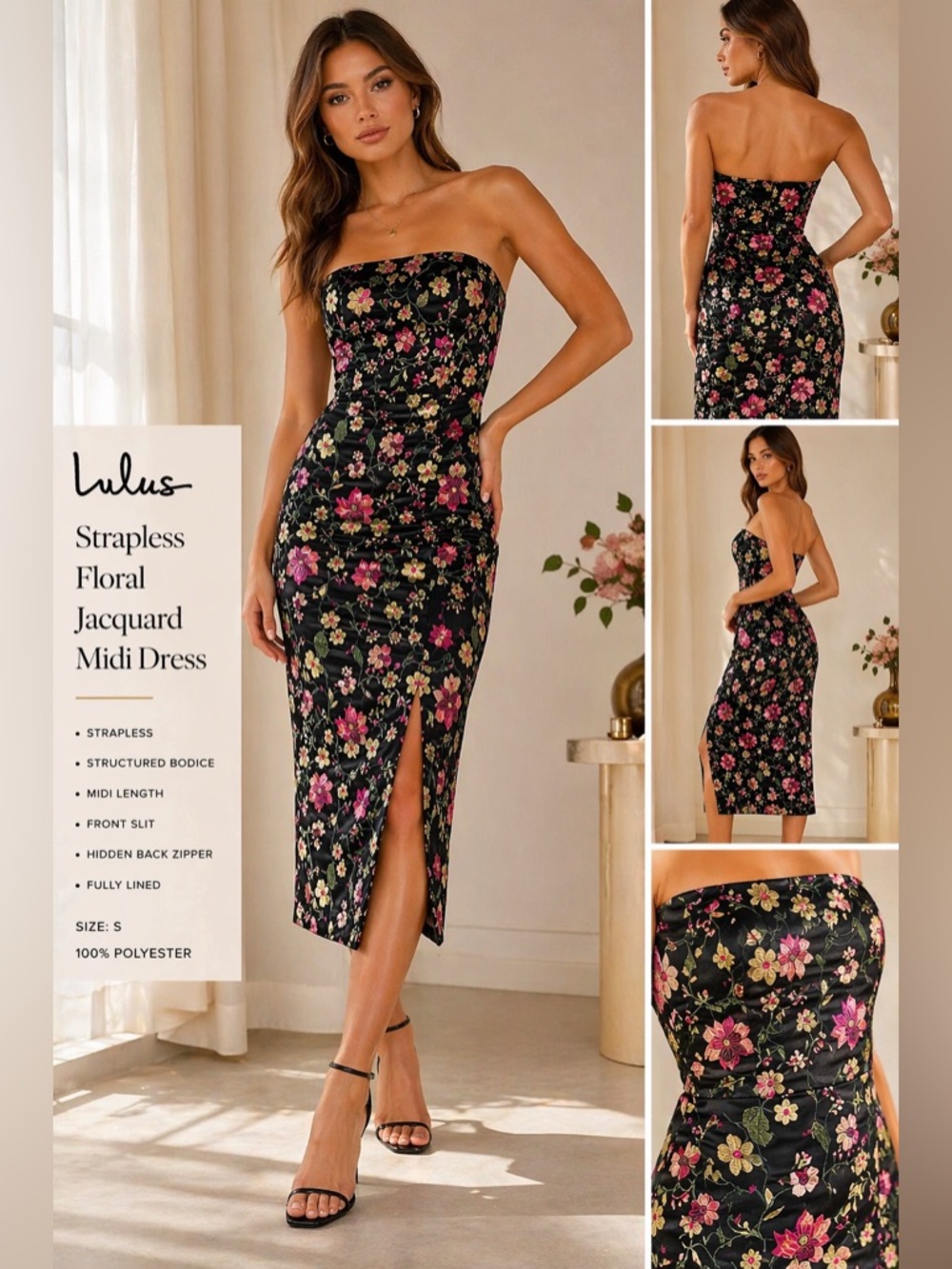 Lulus Strapless Floral Jacquard Midi Dress Black Pink Slit Bodycon